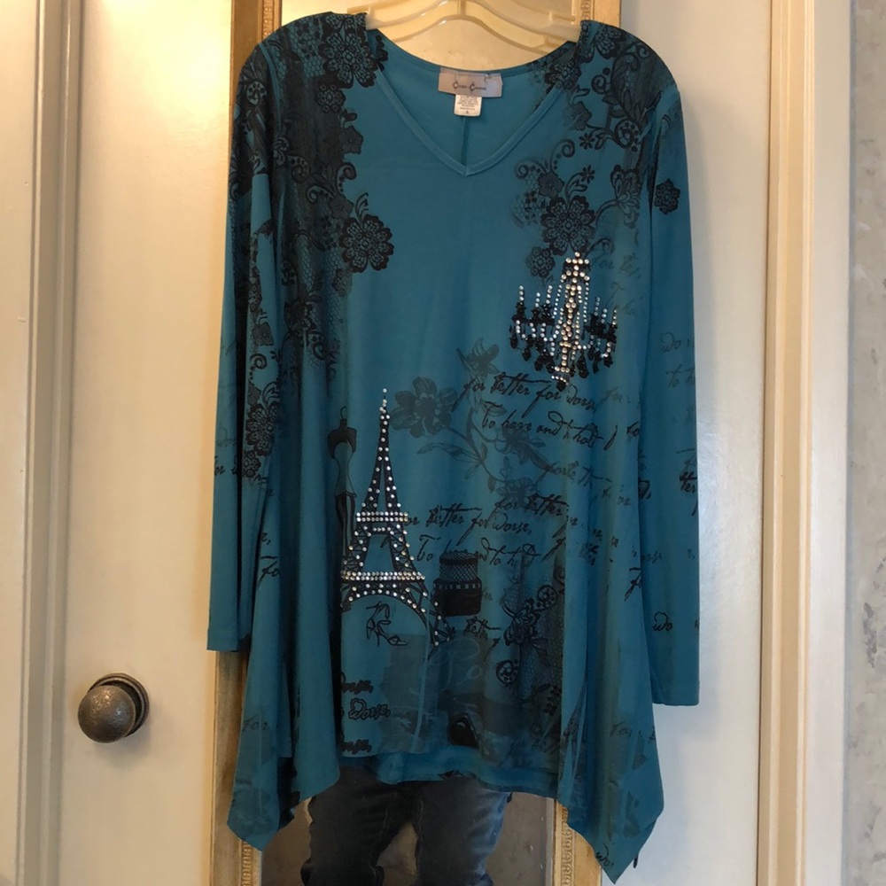 French Paris turquoise top long sleeve lace print soft flowy fit & flare